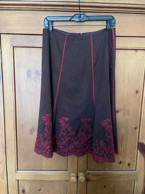 Robbie Bee Brown A-Line Skirt with Red Embroidered Hem